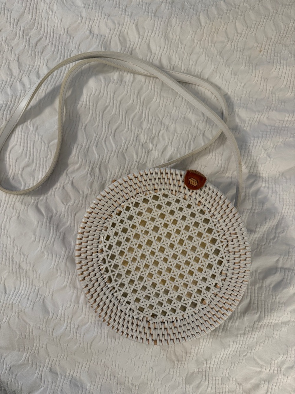 Anthropologie Round Woven Crossbody Bag in White and Tan
